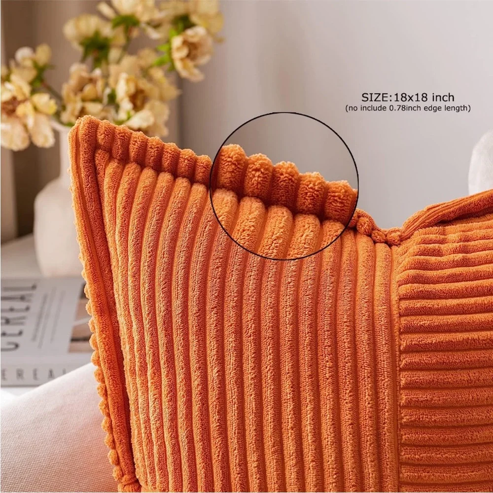 Orange Striped Texture Corduroy Decorative Farmhouse Luxury Soft Pillow CoverSet